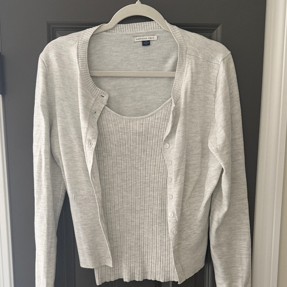 American Eagle Outfitters Light Gray Ribbed Tank and Cardigan Set